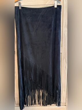 LESHOP Black Fringe Suede-Look Maxi Skirt festival boho western